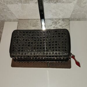 Christian Louboutin Black Studded Zip Wallet with Red Charm